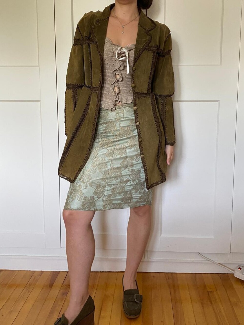 Vintage Olive Suede Leather And Crochet Jacket